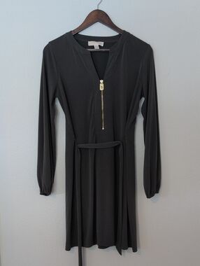 Michael Kors Dark Olive Green Long-Sleeve Zip Front Dress with Waist Tie